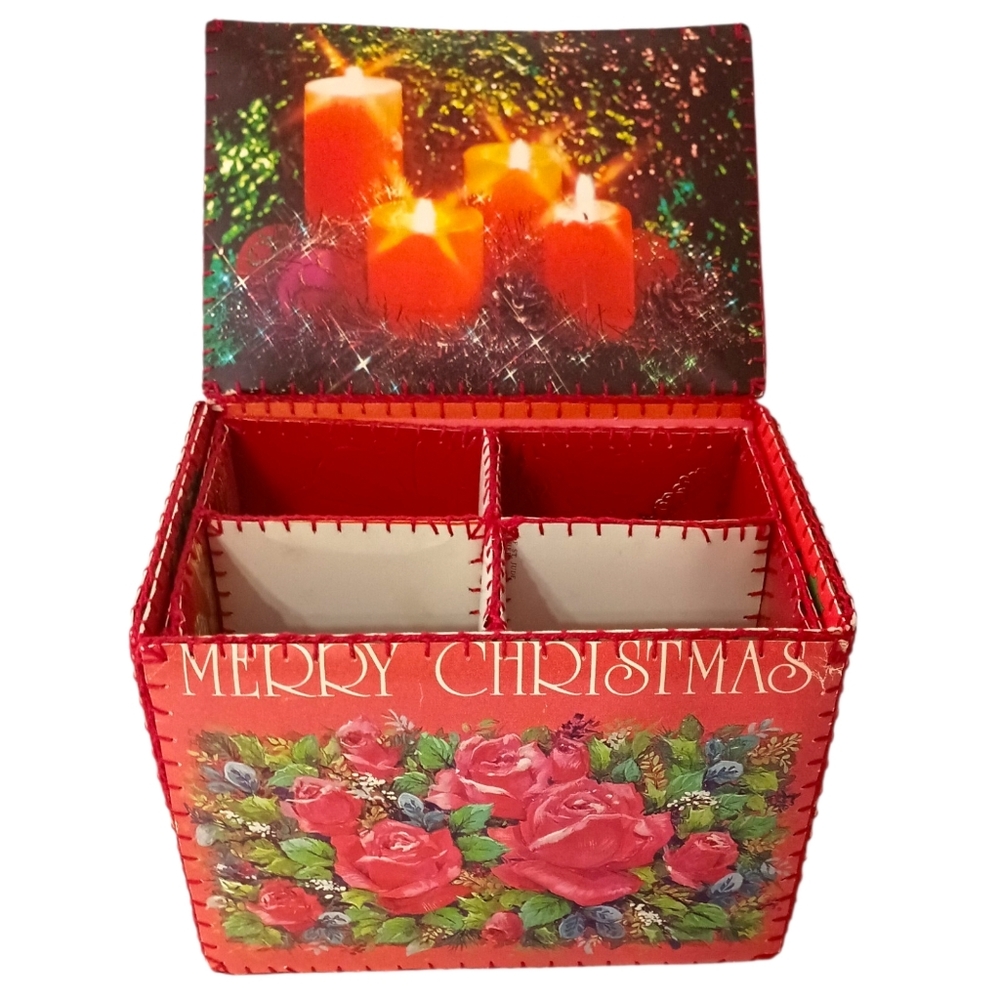 Vintage Folk Art Stitched Craft Card Box Christmas Tramp Art Kitschy Hand‎ Sewn